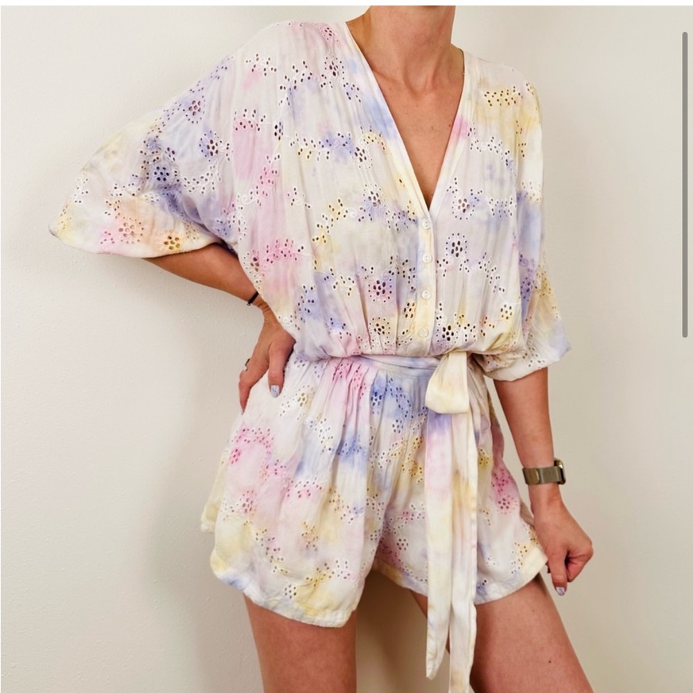 Young Fabulous & Broke Pastel Tie-Dye Eyelet Romper - Pink, Blue, Yellow